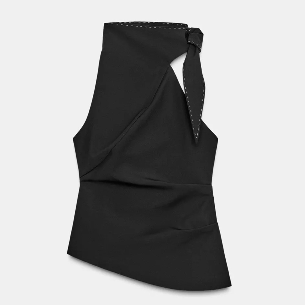 ZARA Black Stitched Knot Asymmetric Top | NWT Sold Out Style Minimalist capsule